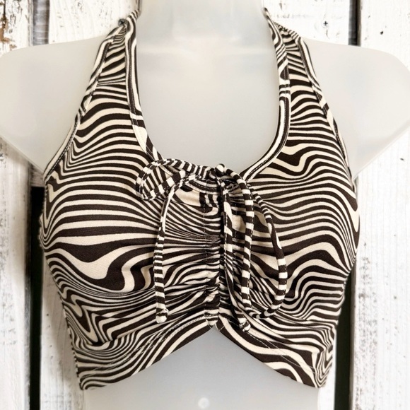 H&M Halter Crop Top Size XS Brown White Boho Hippie Festival Concert Groovy Vibe - Picture 1 of 9